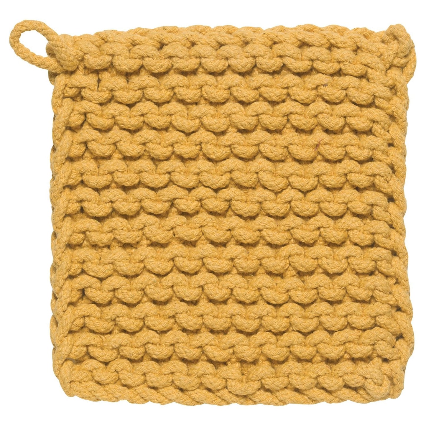 Yellow knitted pot holder on a white background