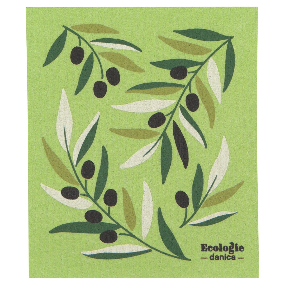 green swedish dishcloth with olive branch illustrations