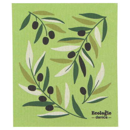 green swedish dishcloth with olive branch illustrations