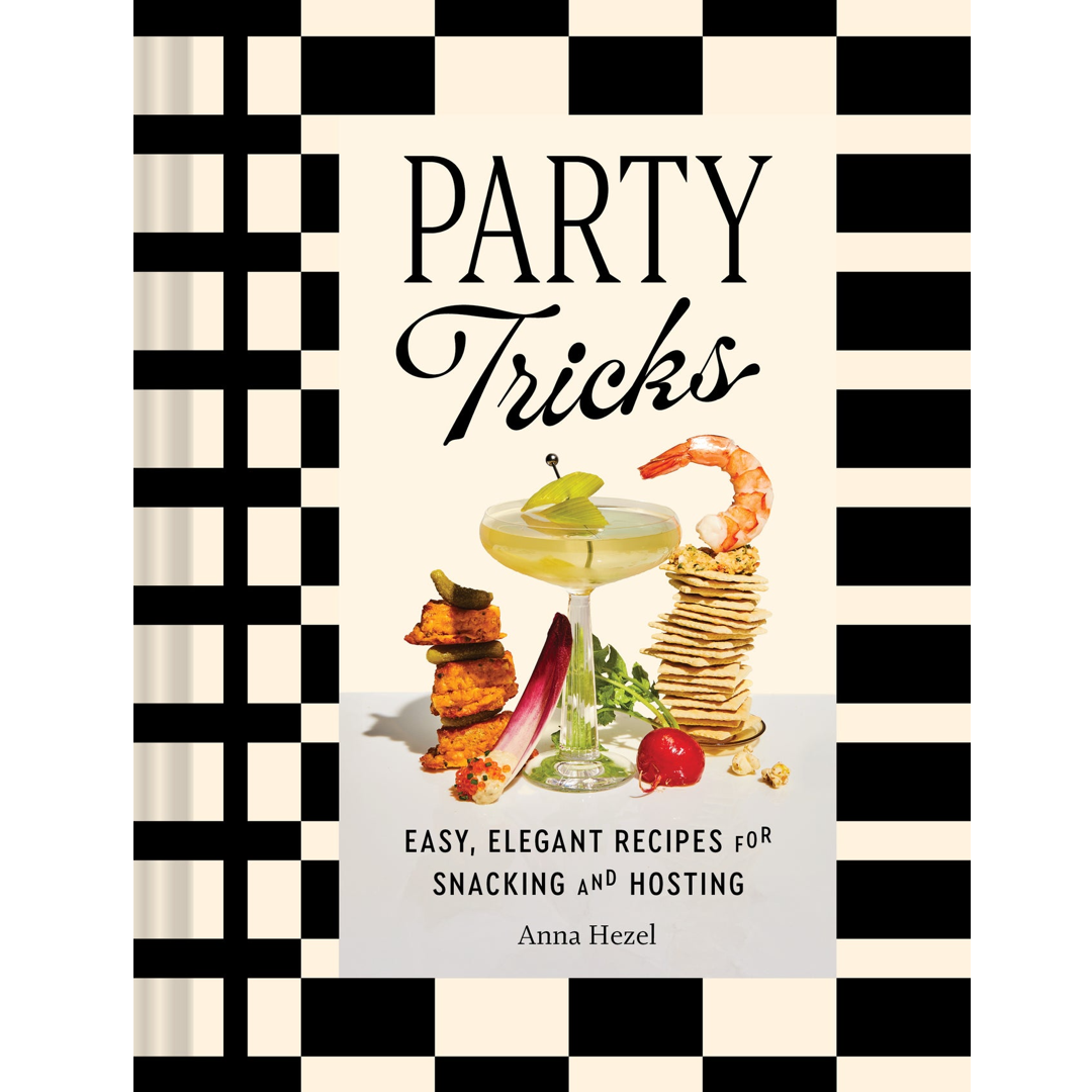 Book cover for 'Party Tricks: Easy, Elegant Recipes for Snacking and Hosting' by Anna Hezel, featuring a black and white checkered border, bold black title text, and a central food and drink illustration.