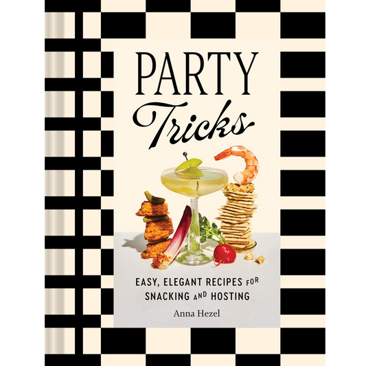 Book cover for 'Party Tricks: Easy, Elegant Recipes for Snacking and Hosting' by Anna Hezel, featuring a black and white checkered border, bold black title text, and a central food and drink illustration.