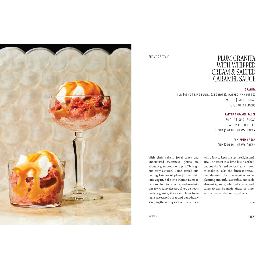 A cookbook page showing a photograph of two dessert glasses on the left and the text 'PLUM GRANITA WITH WHIPPED CREAM AND SALTED CARAMEL SAUCE' on the right, photographed against a light neutral background.
