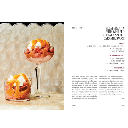 A cookbook page showing a photograph of two dessert glasses on the left and the text 'PLUM GRANITA WITH WHIPPED CREAM AND SALTED CARAMEL SAUCE' on the right, photographed against a light neutral background.