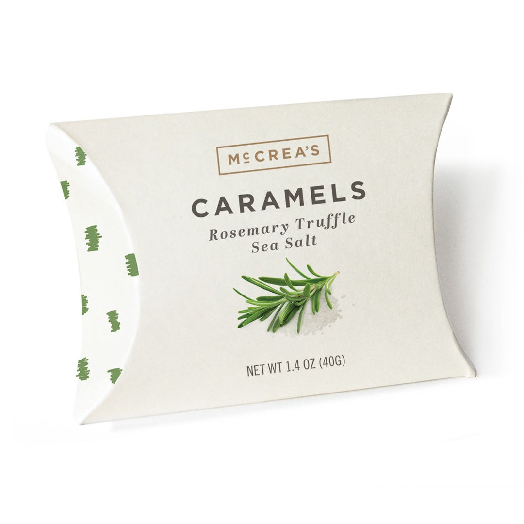 McCreas Caramels Rosemary Truffle Sea Salt packaging in a white pillow box 