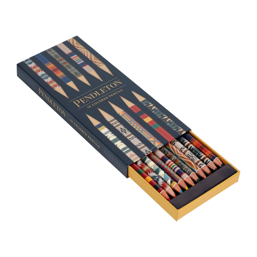 A box of Pendleton Colored Pencils shown open on a white background, with the dark navy lid printed with pencil illustrations and the gold brand name visible.