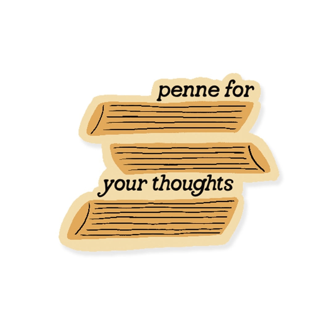 Sticker with penne pasta noodles and 'penne for your thoughts' text on a white background