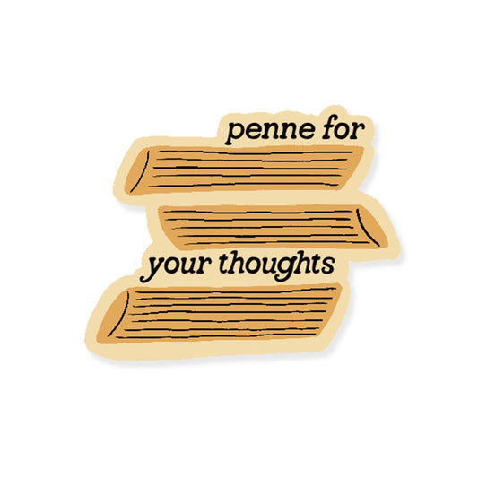 Sticker with penne pasta noodles and 'penne for your thoughts' text on a white background