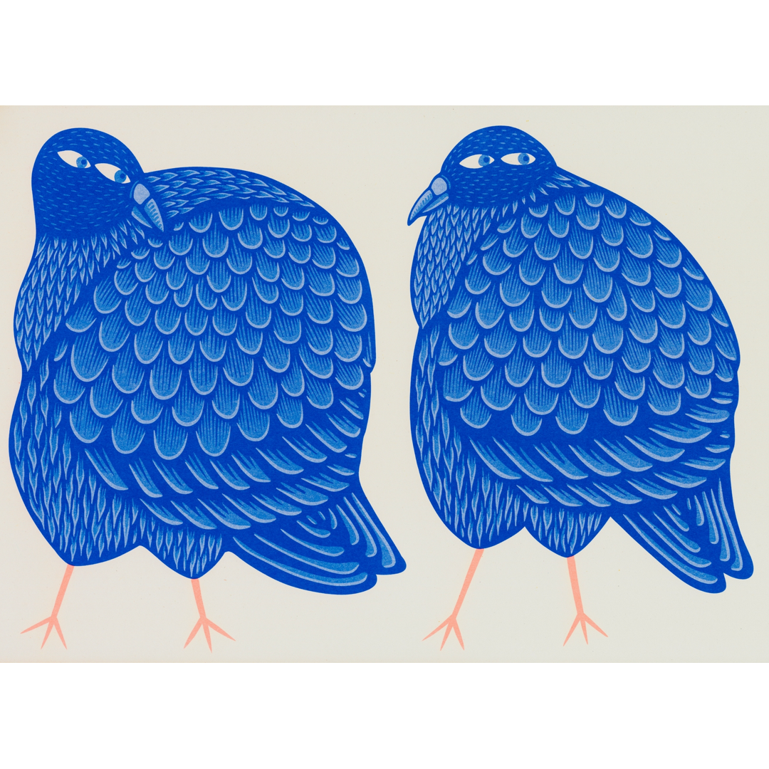 A stylized illustration of two blue birds with peach legs and beaks, set against a light beige background.