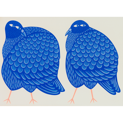 A stylized illustration of two blue birds with peach legs and beaks, set against a light beige background.