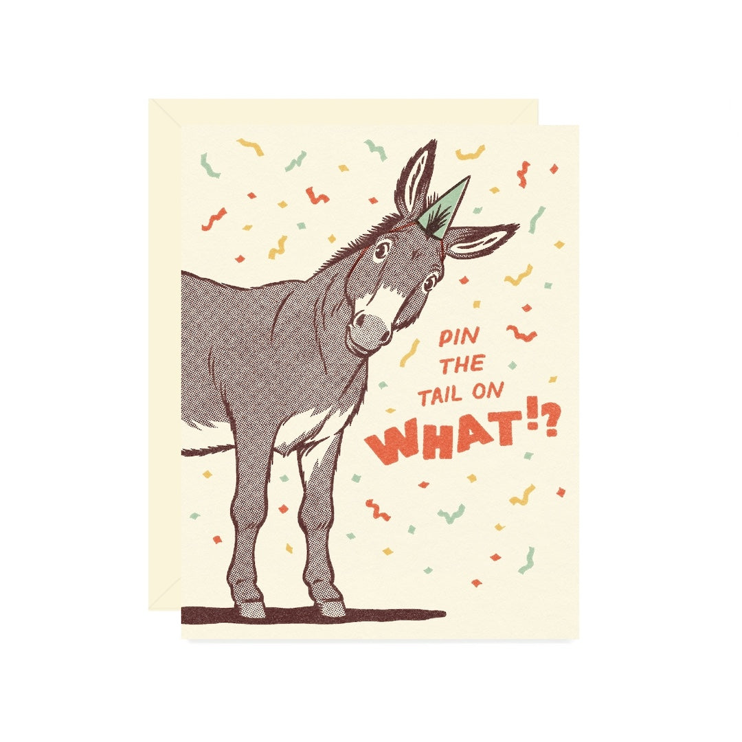 Card with a donkey illustration and text 'Pin the Tail on What?' on a beige background.
