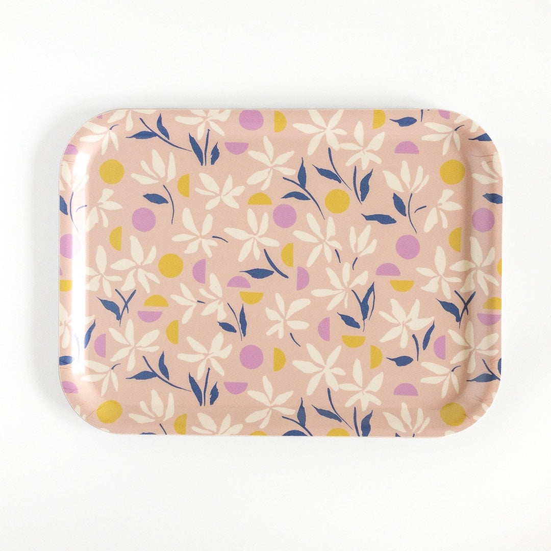 Rectangular tray with floral pattern on a light pink background