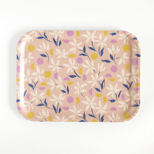 Rectangular tray with floral pattern on a light pink background