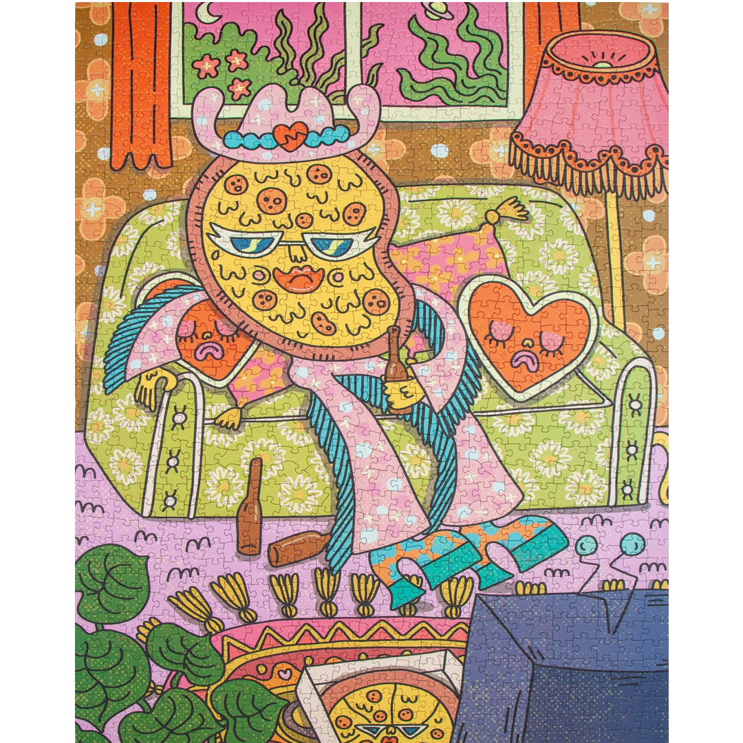 A colorful illustrated scene showing a stylized pizza character lounging on a floral couch in a living room-like setting, with a lamp, window, rug, and other whimsical objects. The artwork is highly patterned and decorative, with no visible real-world product packaging or person.