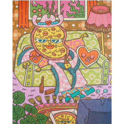 A colorful illustrated scene showing a stylized pizza character lounging on a floral couch in a living room-like setting, with a lamp, window, rug, and other whimsical objects. The artwork is highly patterned and decorative, with no visible real-world product packaging or person.