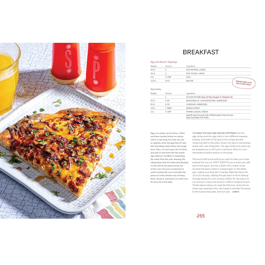 A printed recipe for breakfast pizza shown beside a plated food photo. The left side features a close-up of a pizza topped with melted cheese, onions, and cilantro on a white plate, with two red drink containers behind it.