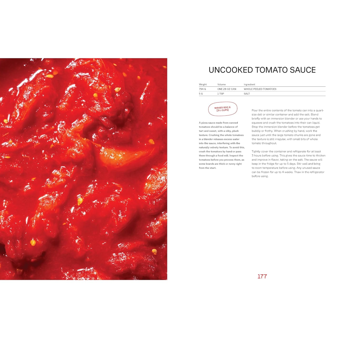 A printed recipe page titled 'UNCOOKED TOMATO SAUCE' with a large close-up photo of red tomato sauce on the left and text instructions, ingredients, and notes on the right.