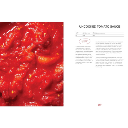 A printed recipe page titled 'UNCOOKED TOMATO SAUCE' with a large close-up photo of red tomato sauce on the left and text instructions, ingredients, and notes on the right.