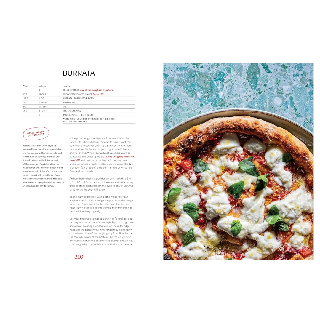 A printed recipe page titled BURRATA, with ingredient measurements on the left and a photo of a fresh pizza topped with mozzarella and basil on the right, set against a white page background.