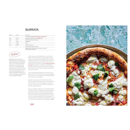 A printed recipe page titled BURRATA, with ingredient measurements on the left and a photo of a fresh pizza topped with mozzarella and basil on the right, set against a white page background.
