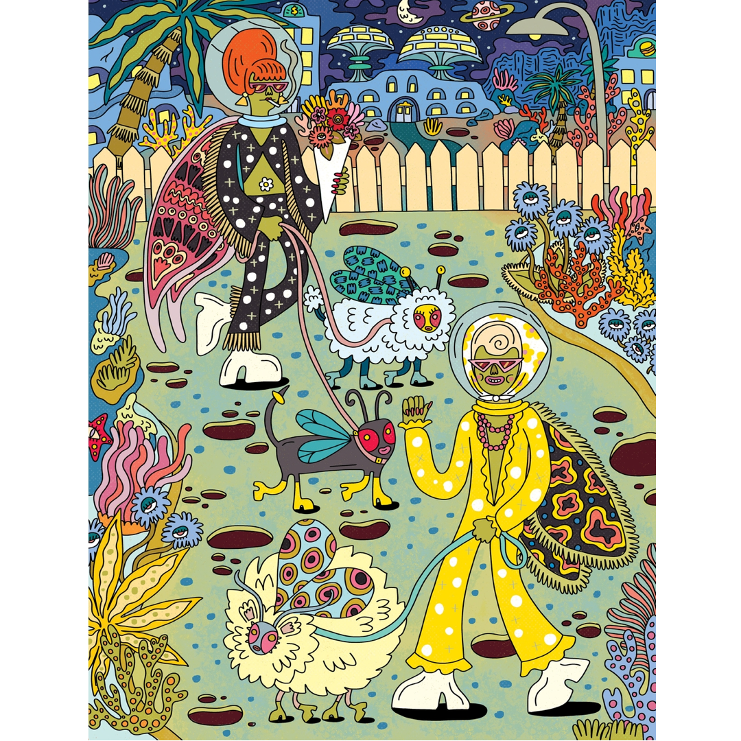 A colorful psychedelic art print featuring two cartoon astronauts walking dogs in a whimsical, patterned garden. The astronaut on the left wears a black and white patterned spacesuit with a red helmet, while the astronaut on the right wears a bright yellow spacesuit with a clear visor.