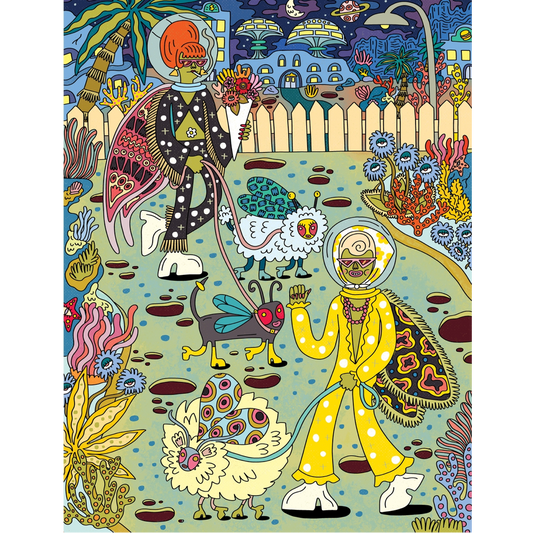 A colorful psychedelic art print featuring two cartoon astronauts walking dogs in a whimsical, patterned garden. The astronaut on the left wears a black and white patterned spacesuit with a red helmet, while the astronaut on the right wears a bright yellow spacesuit with a clear visor.