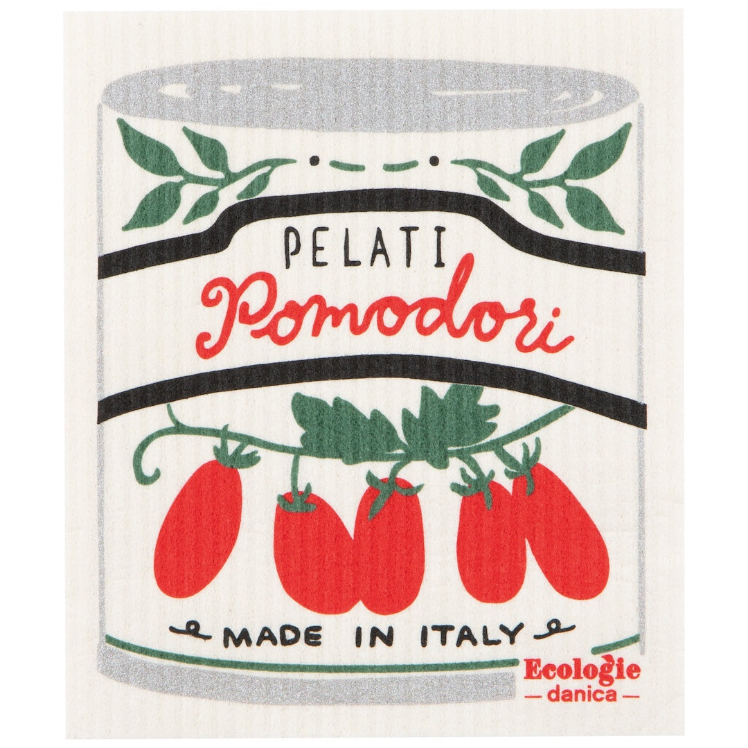 swedish Dishcloth with 'Pelati Pomodori' can design featuring tomatoes and leaves 