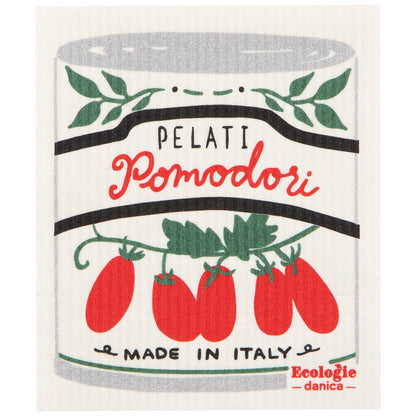 swedish Dishcloth with 'Pelati Pomodori' can design featuring tomatoes and leaves 