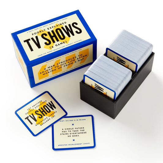 Card game set with 'Poorly Explained TV Shows' packaging on a white background
