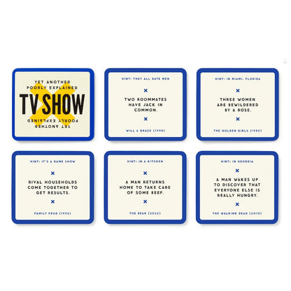 Set of six trivia cards with TV show references on a white background