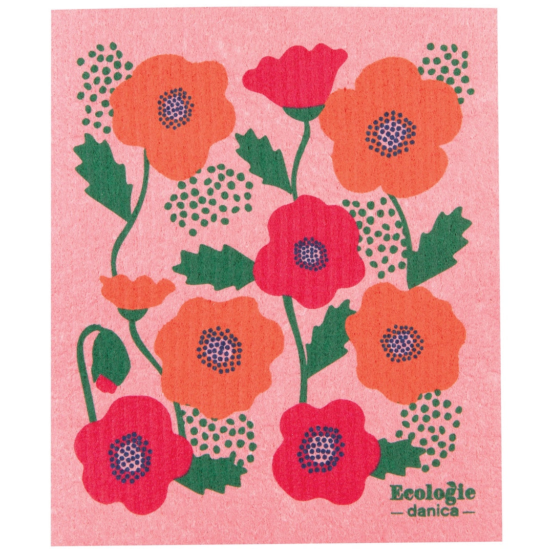 pink swedish dishcloth with poppy flowers on it