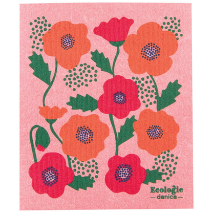 pink swedish dishcloth with poppy flowers on it