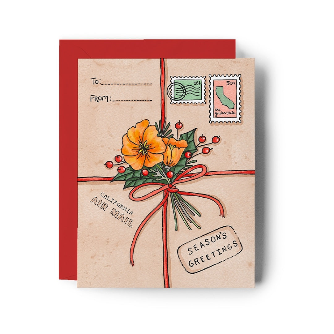 A vintage-style greeting card with a red envelope behind it. The card is illustrated with orange flowers, green leaves, red berries, a red ribbon, postage stamps, and the text 'To: From:' and 'California Air Mail Season's Greetings.
