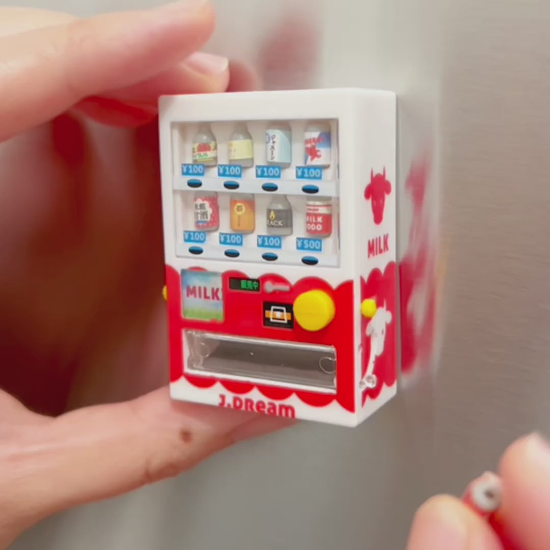Video showing someone loading a small fake soda into a vending machine magnet then the person shows how you press the button to vend the soda from the machine