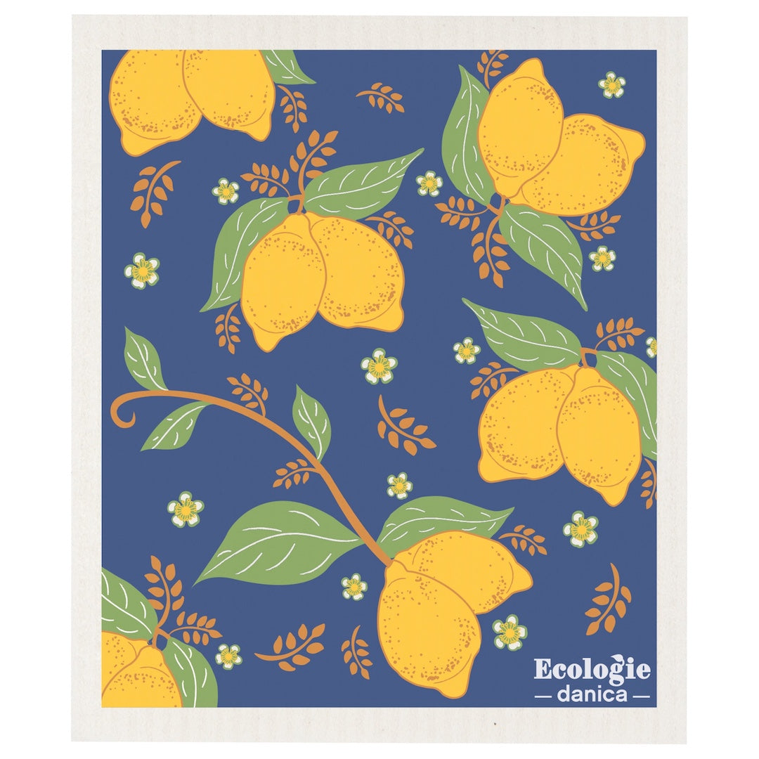 blue with white boarder swedish dishcloth with a pattern of lemons and leaves  