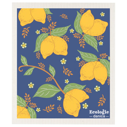 blue with white boarder swedish dishcloth with a pattern of lemons and leaves  
