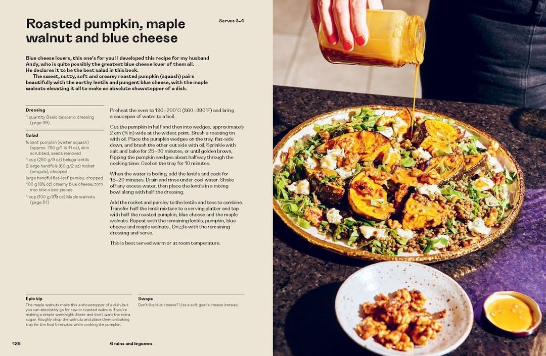 Dish with roasted pumpkin, maple walnut, and blue cheese on a table with recipe text on the side.