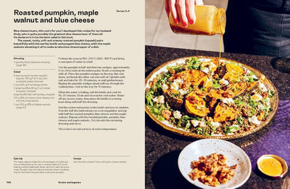 Dish with roasted pumpkin, maple walnut, and blue cheese on a table with recipe text on the side.