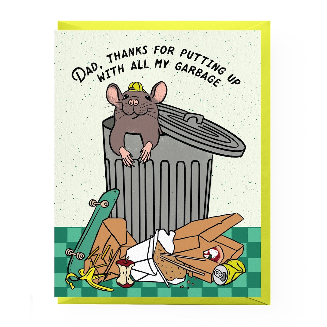 Cartoon mouse in a trash can with text that reads "dad, thanks for putting up with all my garbage" on a greeting card.
