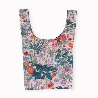 Pink Floral patterned reusable bag on a white background