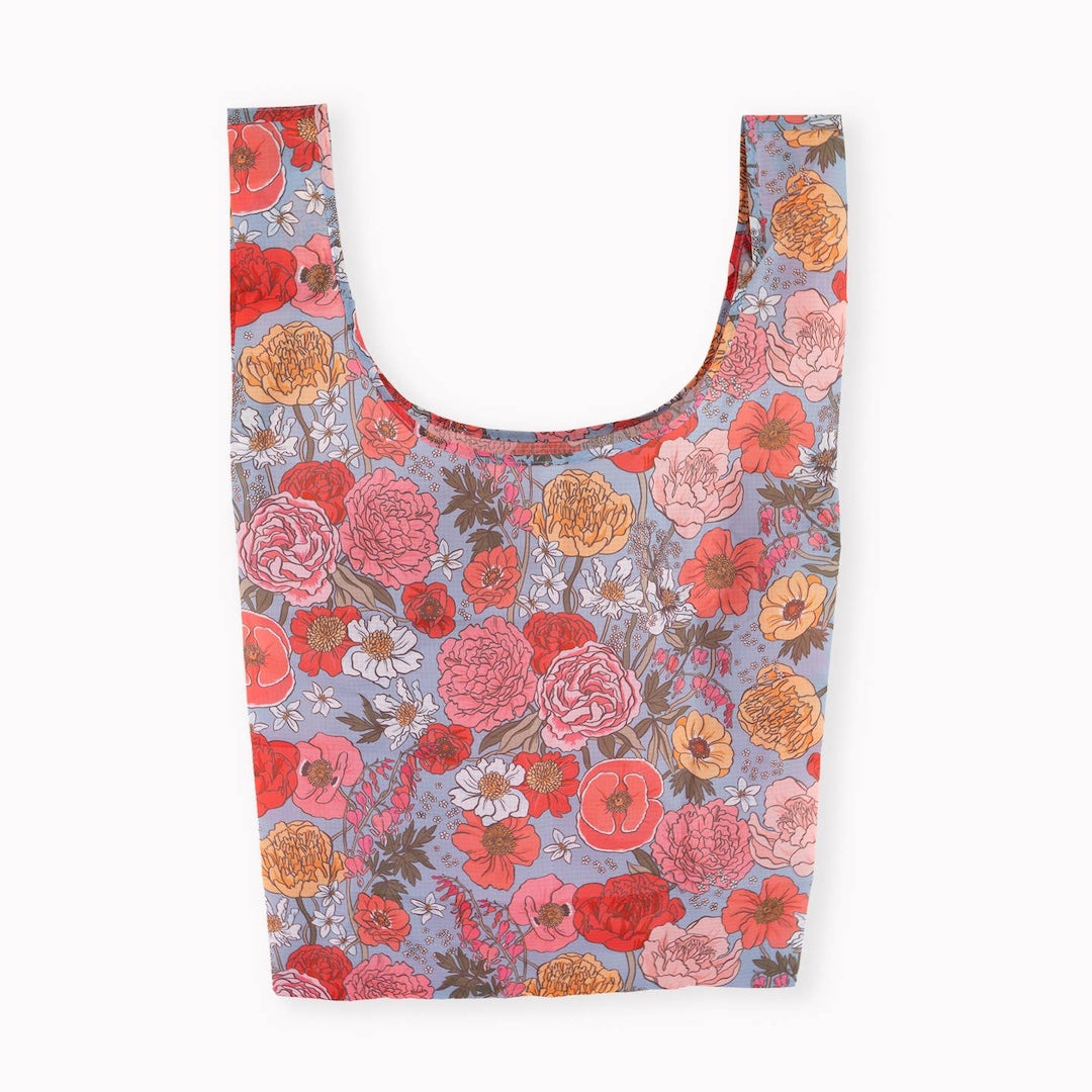 Light blue reusable bag with large flowers on it