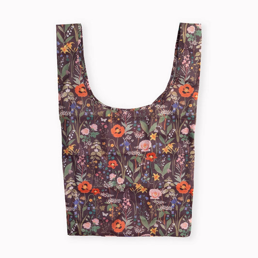 Navy floral patterned reusable bag on a white background