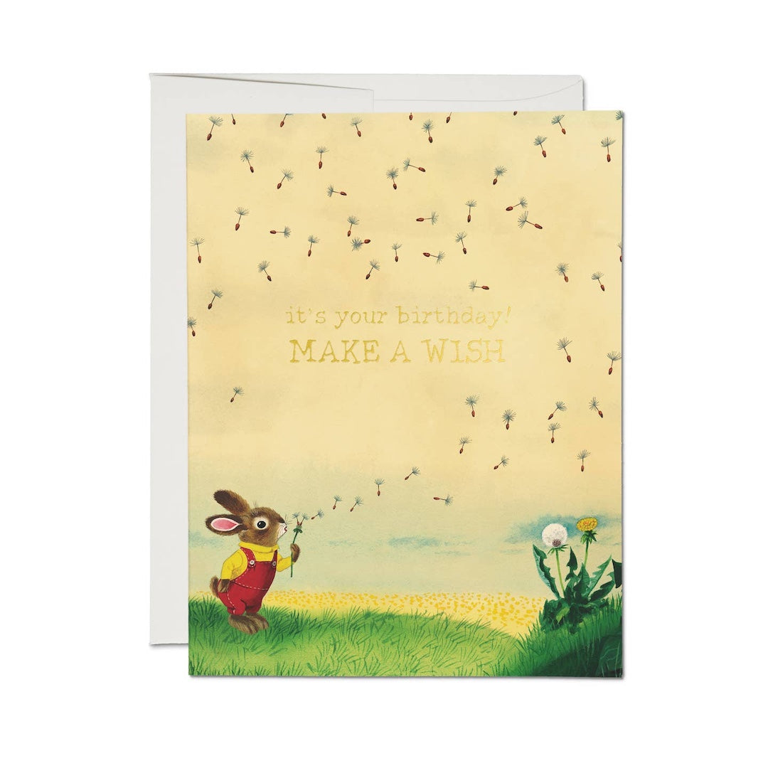 Greeting card with a cartoon rabbit holding dandelion seeds in a field