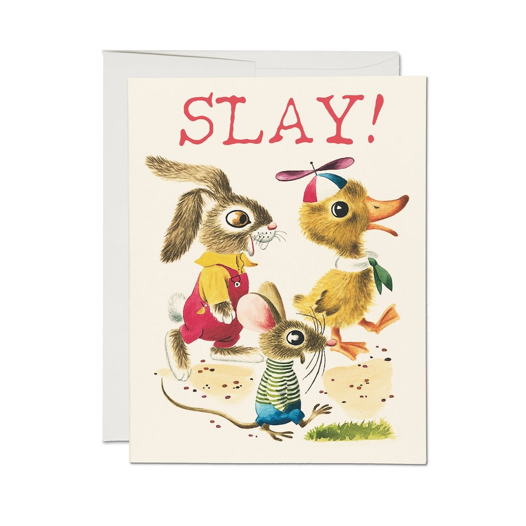 Greeting card with cartoon animals and 'SLAY!' text on a white background