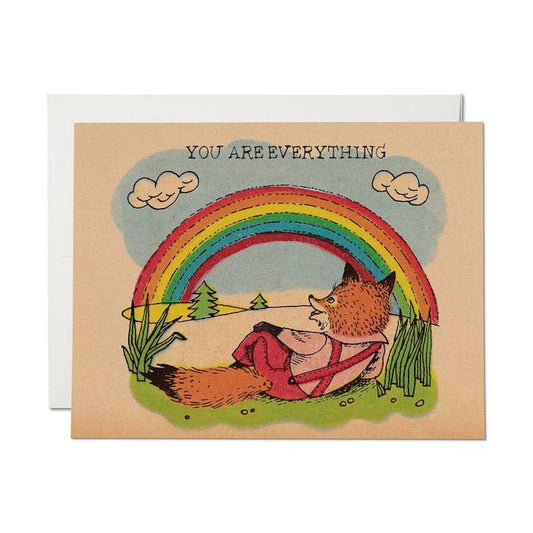 Greeting card with a fox, rainbow, and 'You Are Everything' text on a beige background.