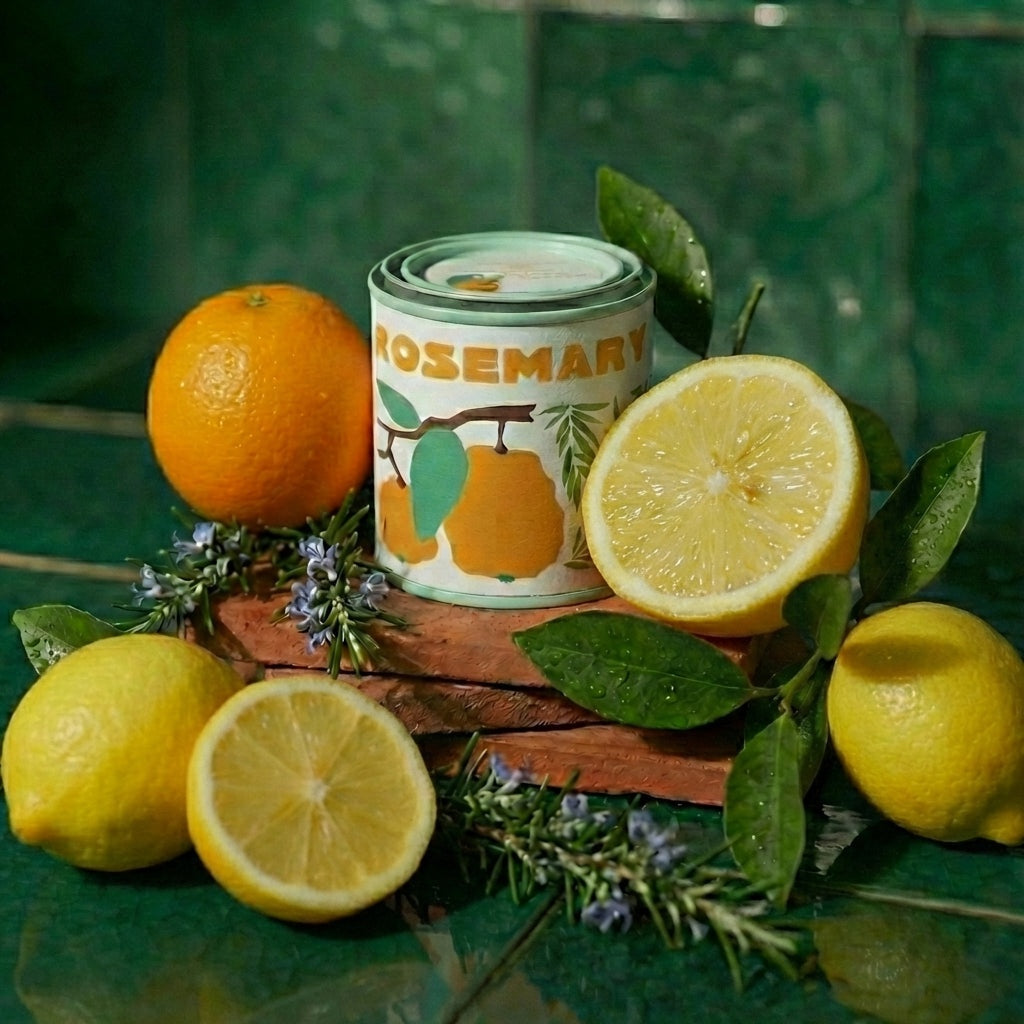 Candle in a tin vessel with a label 'Rosemary' surrounded by lemons, oranges, and herbs on a green background
