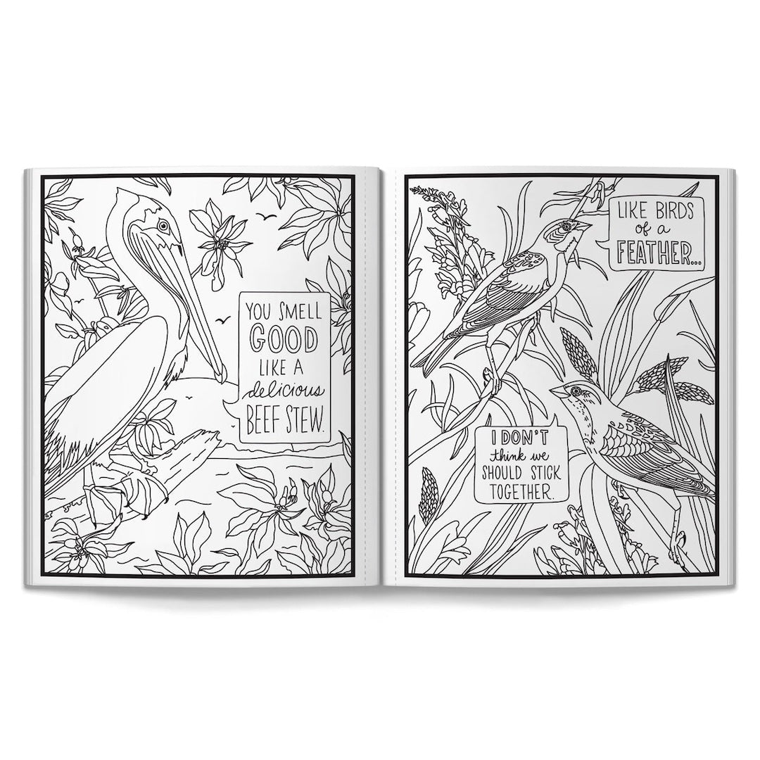 Two coloring book pages with birds and text in a nature setting.
