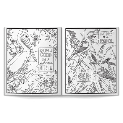 Two coloring book pages with birds and text in a nature setting.