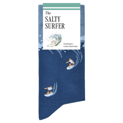 Blue sock with 'The Salty Surfer' design on a white background