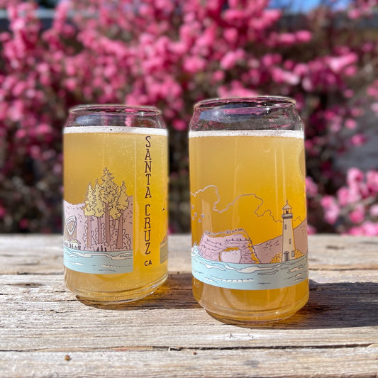 Two glasses with a colorful illustration of Santa Cruz landmarks. 