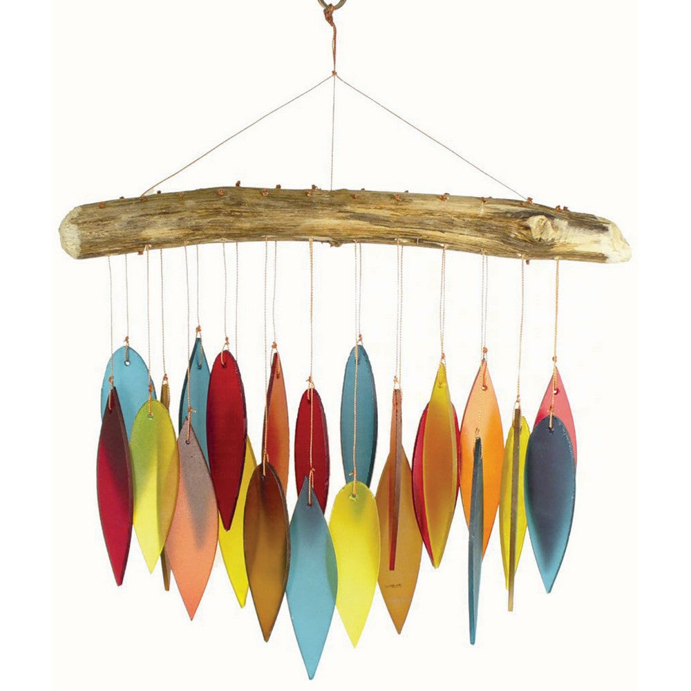 Colorful wind chime with wooden base on a white background